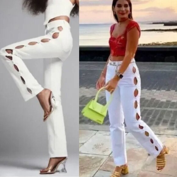 Zara High Rise White Side Cutout Straight Leg Jeans - Picture 1 of 1